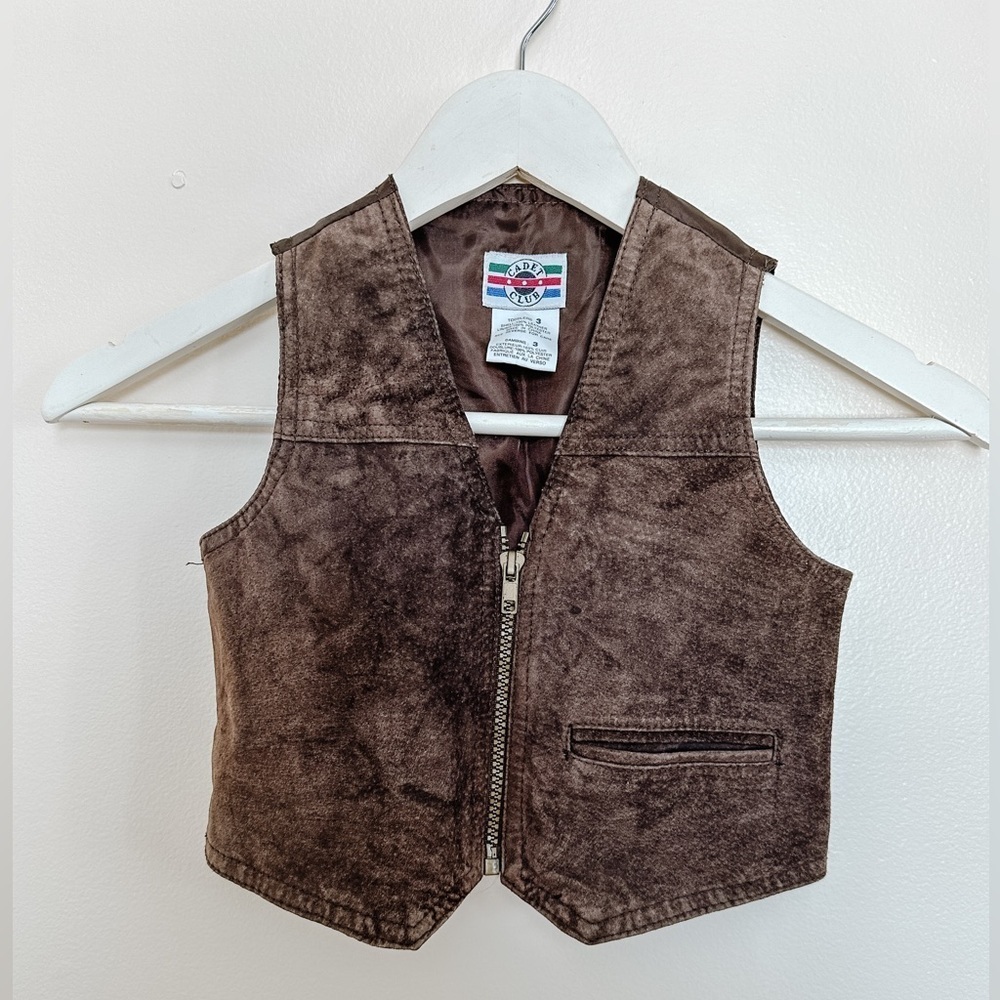 Kids Suede Leather Zip Up Vest -“ Cadet Club” Brown - Size 3T